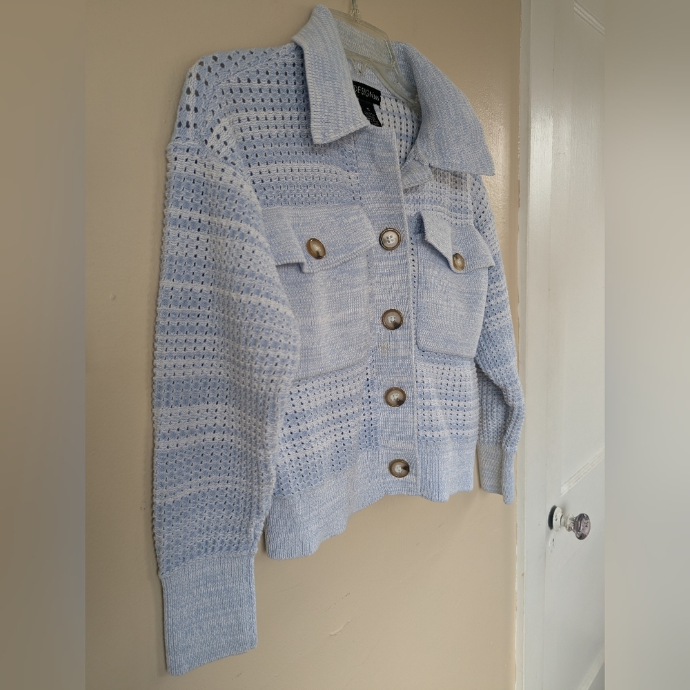 Design 365 Crocheted Knit Two Pocket Sweater Cardigan Coat Jacket, Blue (XS) - Picture 6 of 15